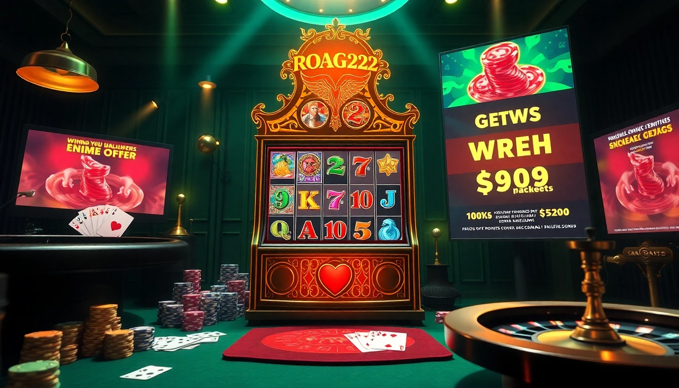 Experience the thrill of winning with the DRAGON222 slot machine surrounded by vibrant casino elements.