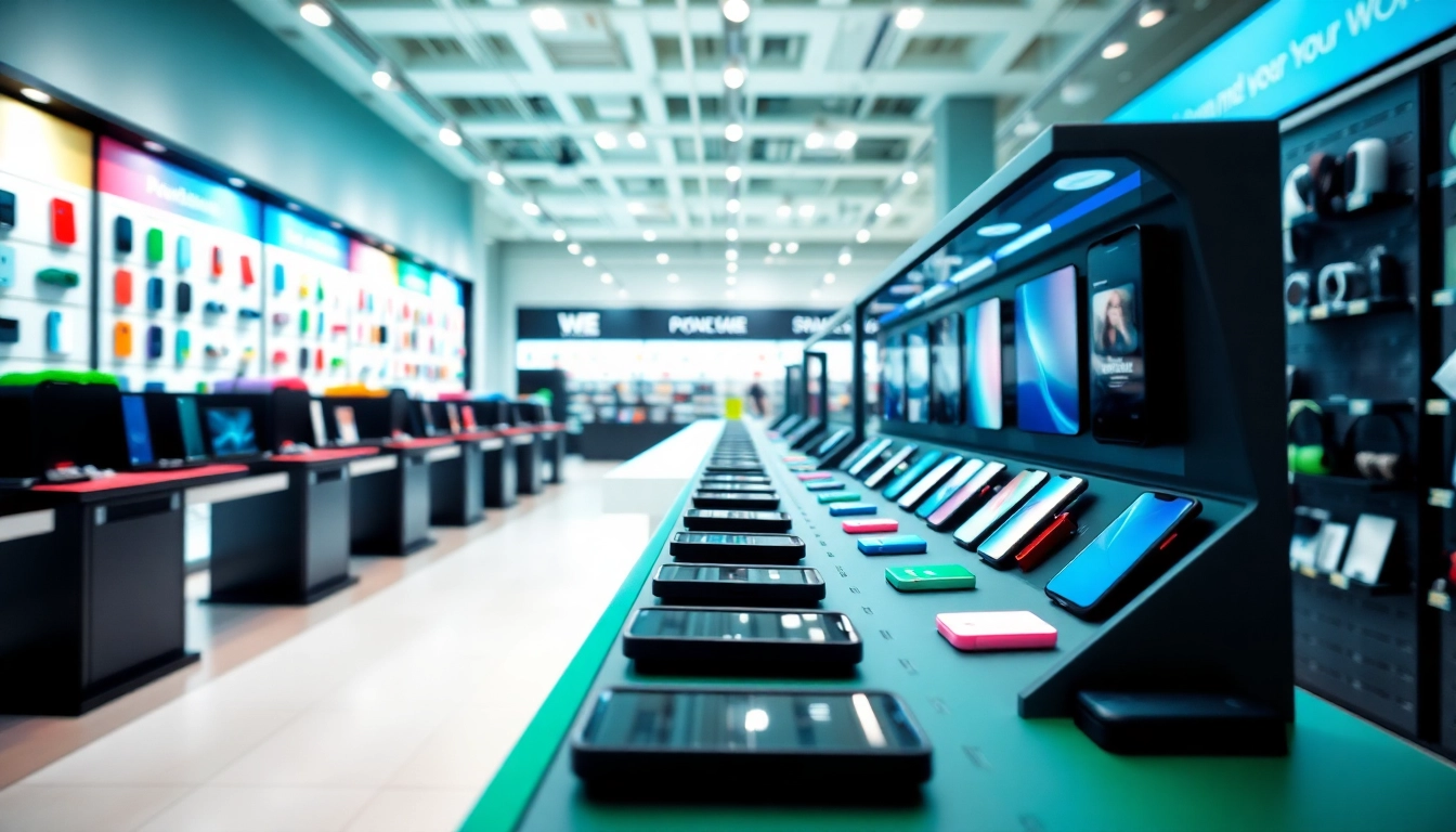 Phonelocker display showcasing various mobile devices and accessories in a retail setting.