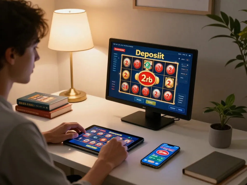 User engaging in online casino gaming with a focus on slot deposit 2rb in a cozy and inviting home atmosphere.
