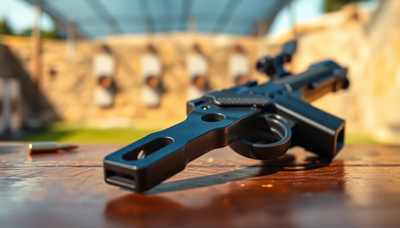 View of forced reset trigger for sale on a wooden surface, highlighting precision craftsmanship.