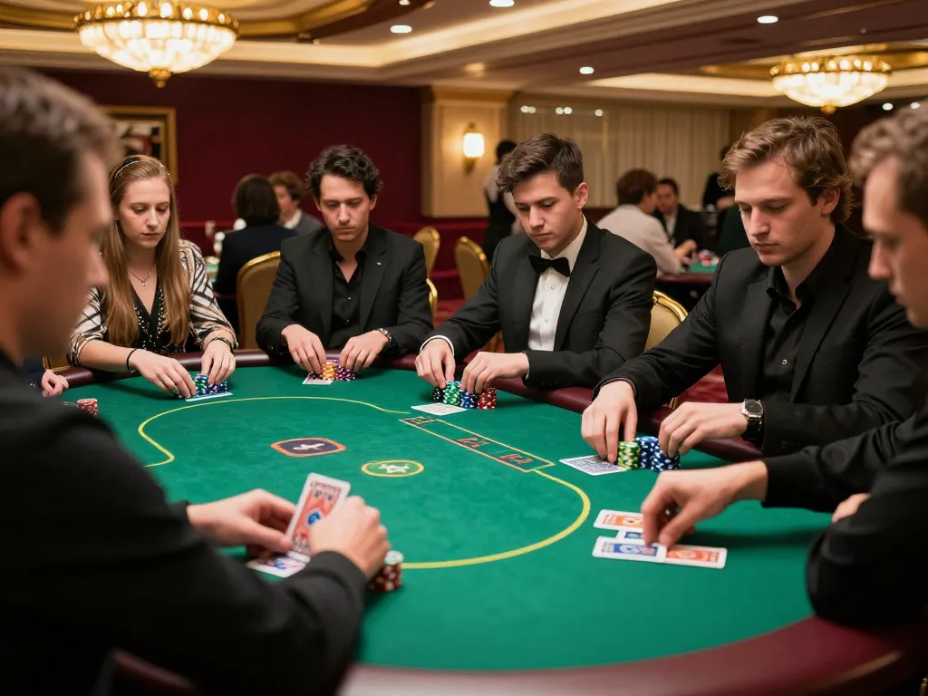 Pemain menyusun strategi di meja poker 88Pulsa di kasino mewah, menangkap sensasi permainan berisiko tinggi.