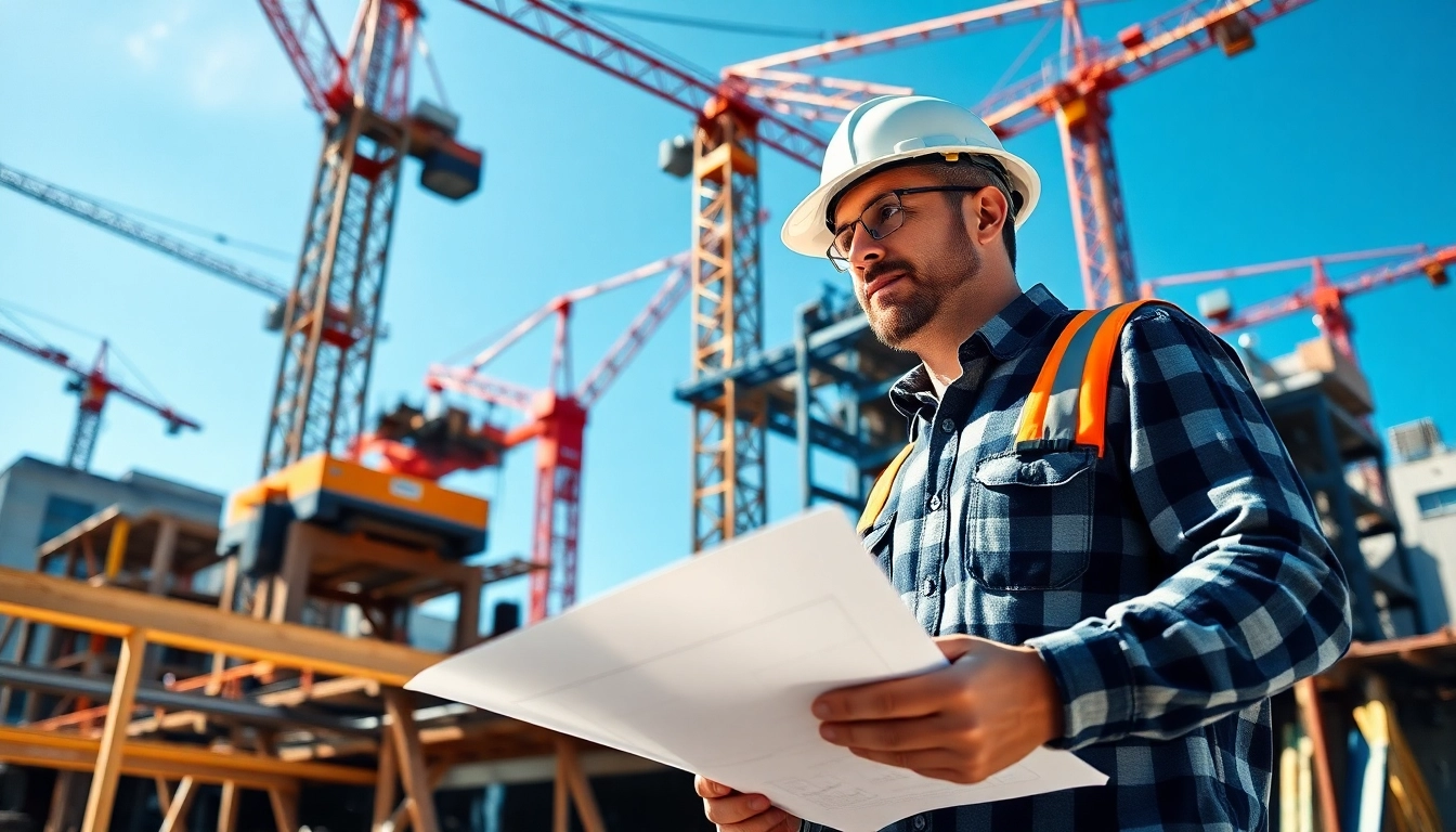 New York General Contractor overseeing a construction project with blueprints and equipment.