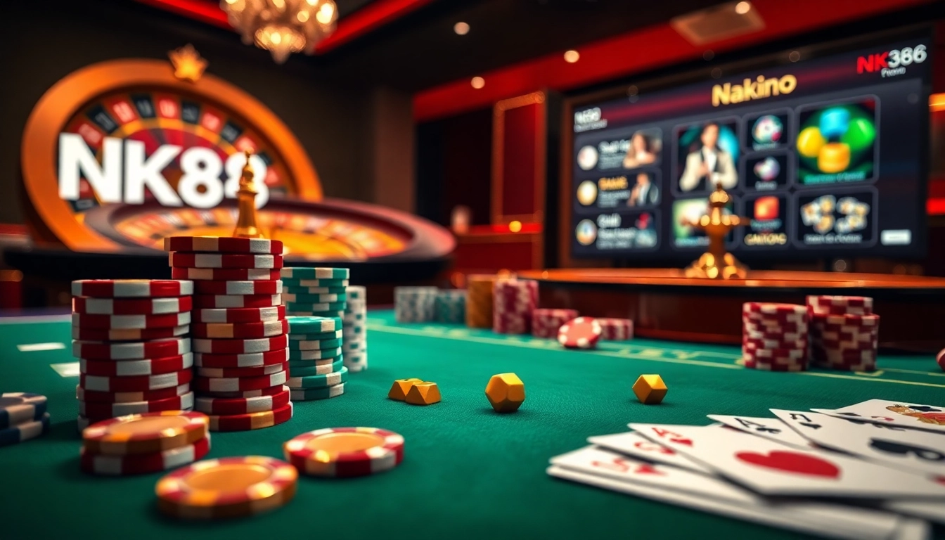Experience the excitement at https://nk88zz.bio/ with our luxurious casino scene featuring poker chips and roulette.