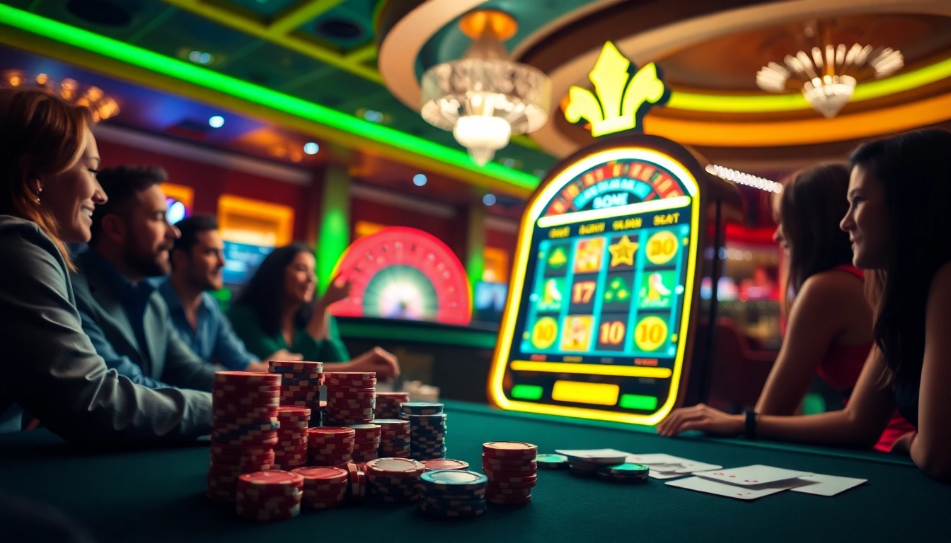 Players enjoying thrilling idn slot games amidst a vibrant casino atmosphere with bright lights.