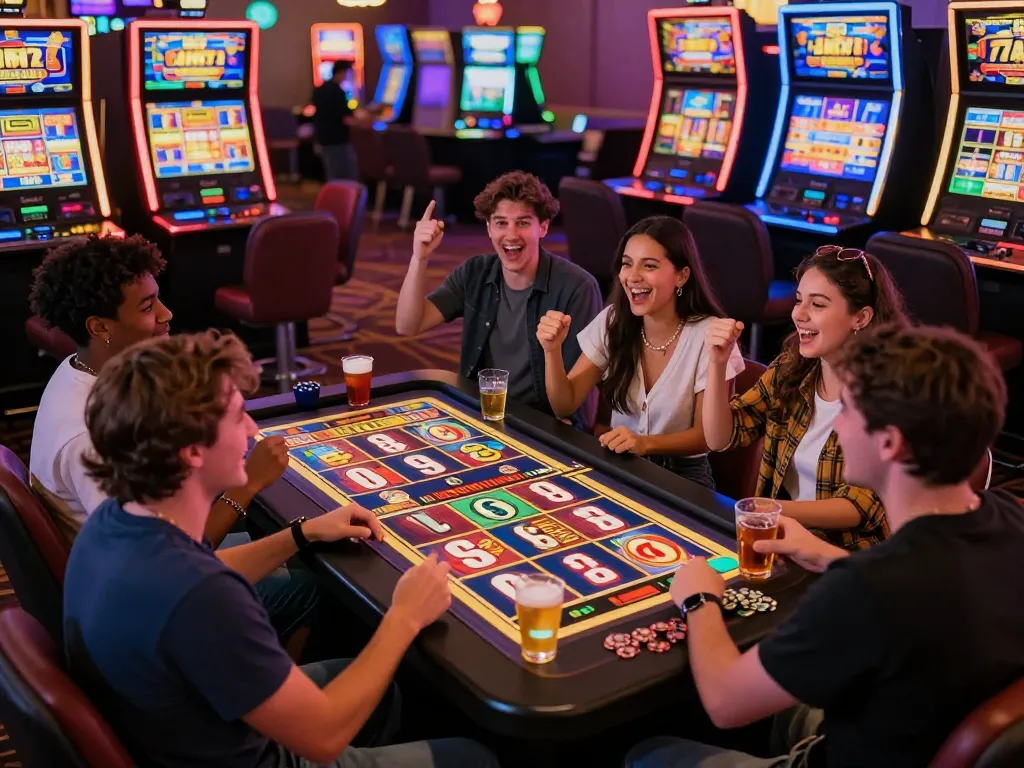 Players celebrating a win while enjoying slot777 gameplay at a vibrant casino floor, showing excitement and rewards.