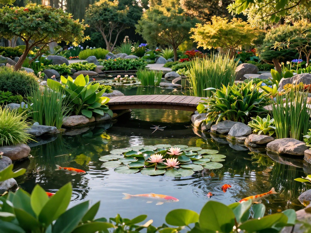 Pond plants including water lilies and lush greens surrounding a tranquil garden pond.