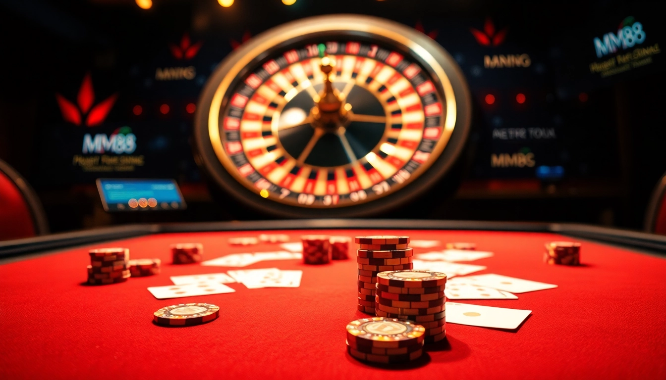 Experience the thrill of betting at the luxurious MM88 online casino with vibrant gaming elements.