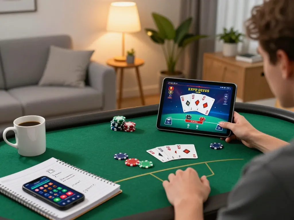 Player enjoying online poker on a tablet, showcasing thabet gaming strategy in a cozy living room.