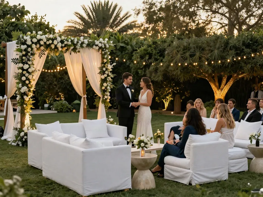 Event furniture rental setup featuring stylish lounge furniture for a romantic outdoor wedding ceremony.