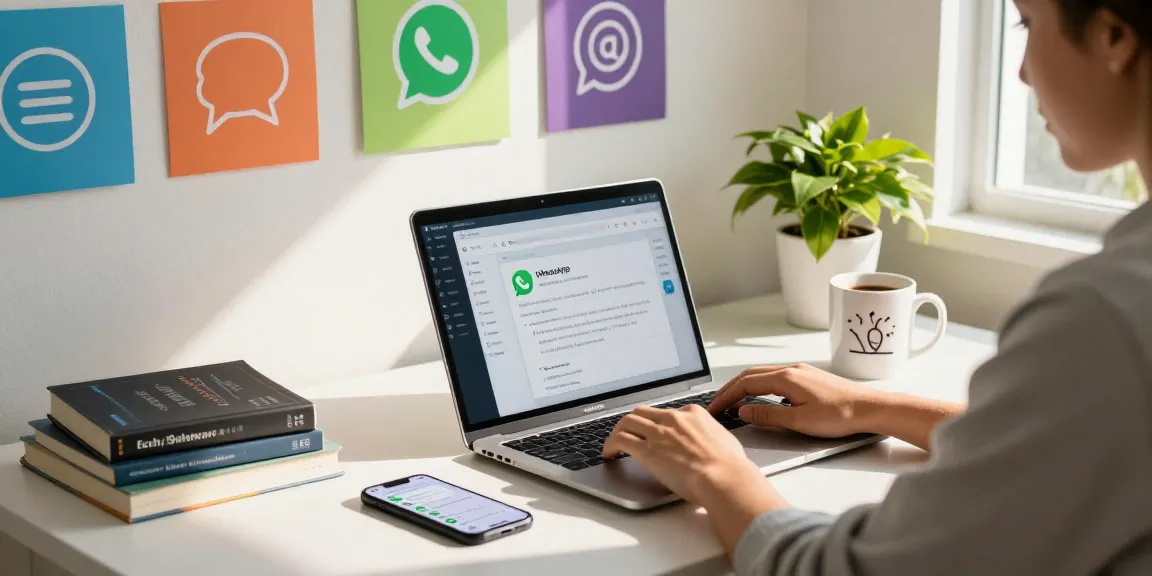 Engaging workspace with professional exploring WhatsApp下載 on laptop, lively colors and sunny ambiance.
