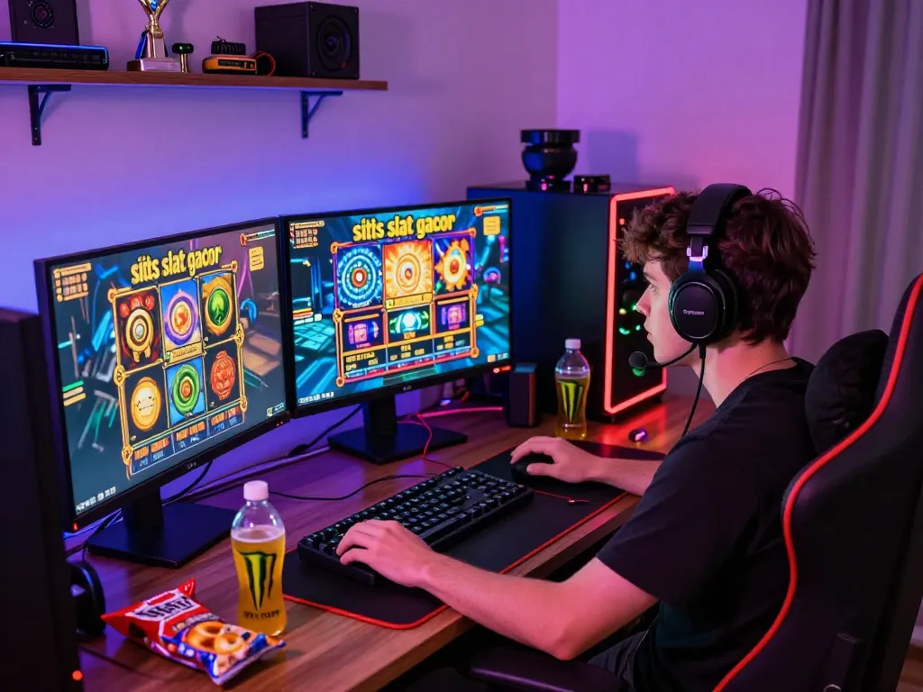Pengaturan permainan situs slot gacor dengan layar berwarna-warni dan camilan.