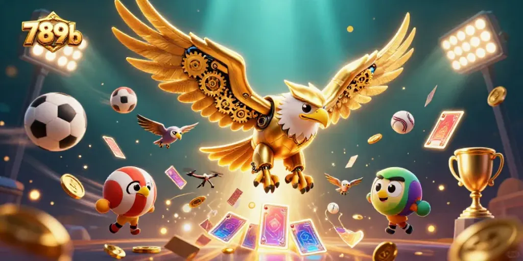 Experience thrilling wins at 789b with golden eagle diving through holographic cards in vibrant casino scene.
