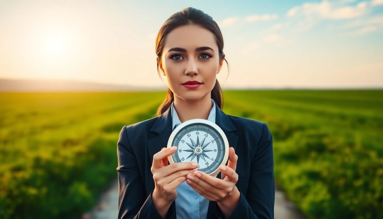 Find my true calling represented by a professional woman at a crossroads, contemplating her future.