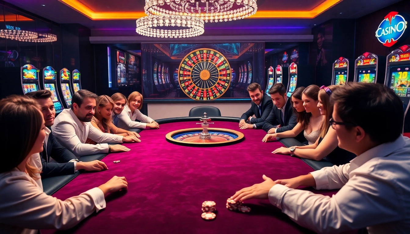 Scène captivante de casino en ligne présentant une table de poker et des machines à sous vibrantes.