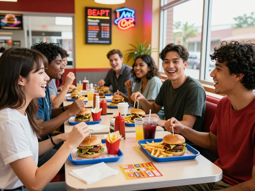 Friends enjoying fast food prices at a colorful restaurant booth with laughter and vibrant atmosphere.