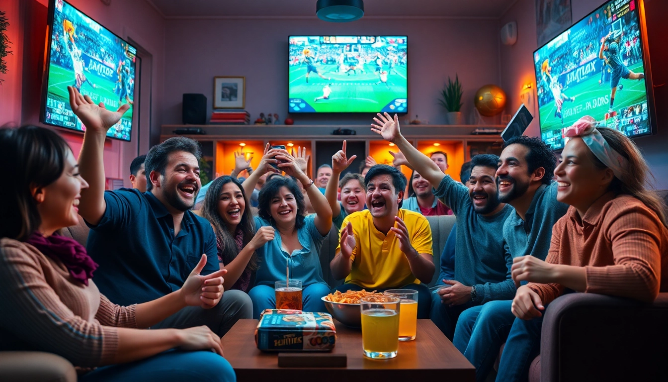 Excited fans enjoying high-definition 토토티비 sports streaming in a cozy living room.
