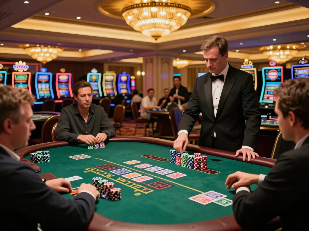 Players engaged in a thrilling blackjack game at OKWIN casino, showcasing the excitement and strategic play.