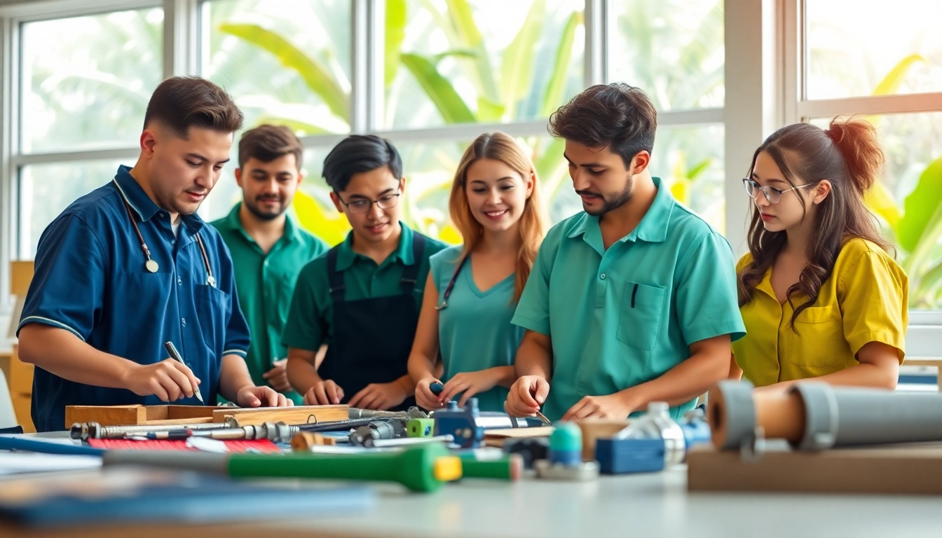 Trade school Hawaii students learning vocational skills in a vibrant, interactive classroom.