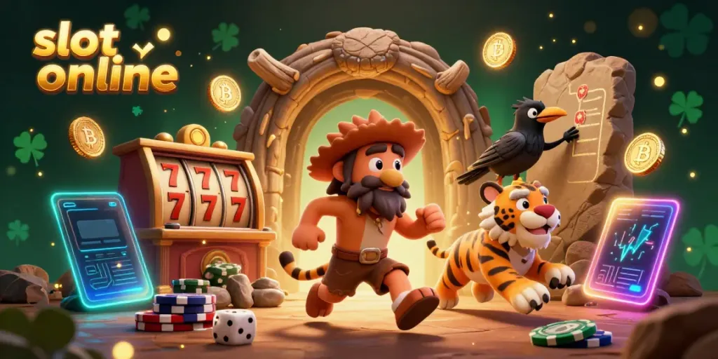 Experience thrilling slot online gameplay with a dynamic scene featuring a caveman duo and a sabertooth at a prehistoric casino.