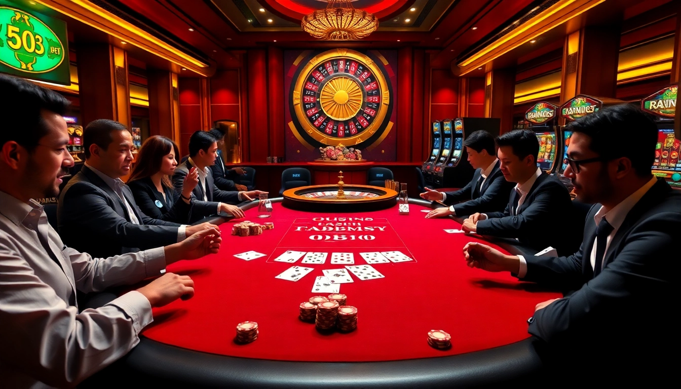 Engaging casino scene with poker players and a roulette wheel at ok88.