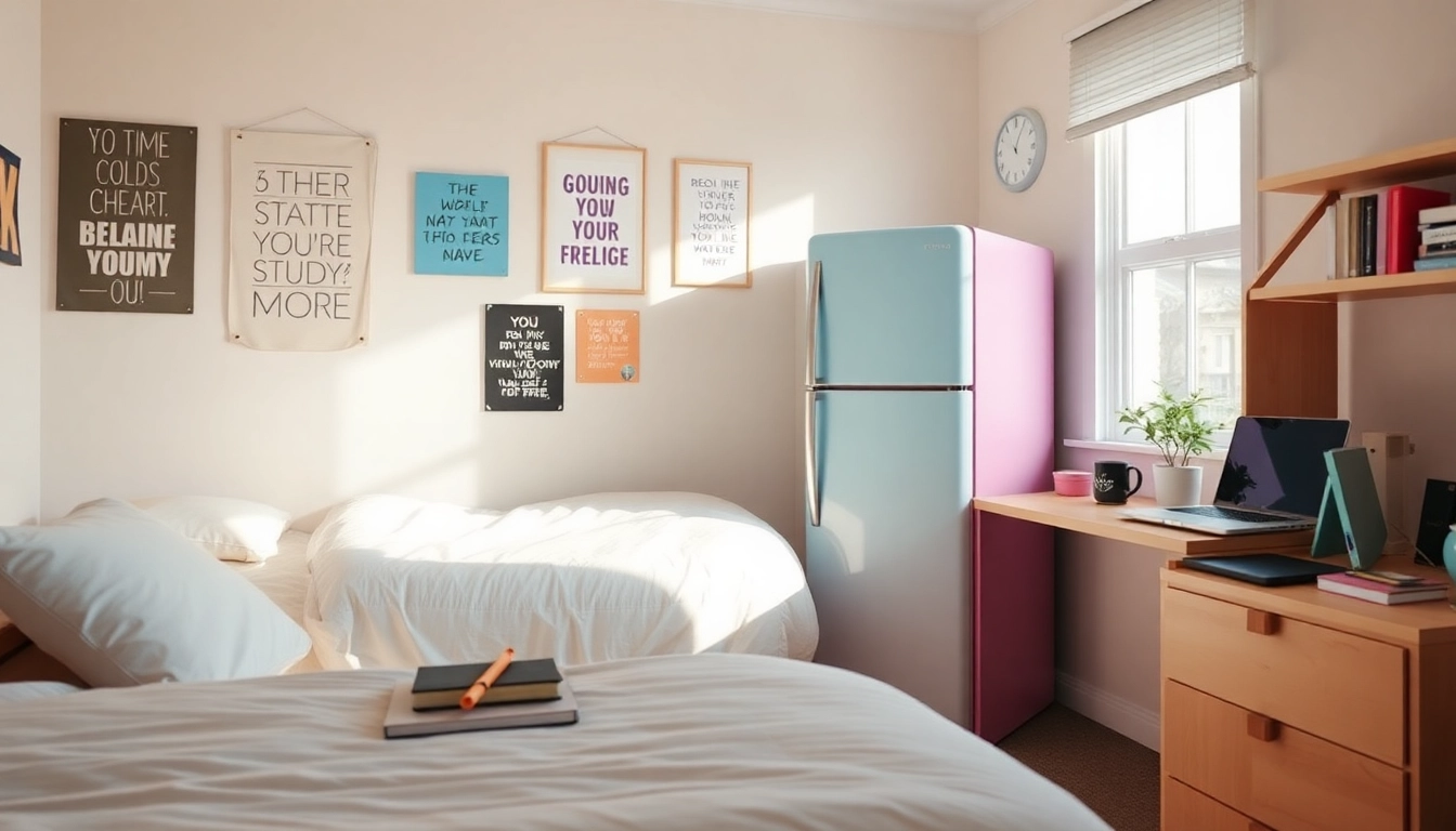 Discover the stylish dorm room fridge in a cozy, organized college setting.