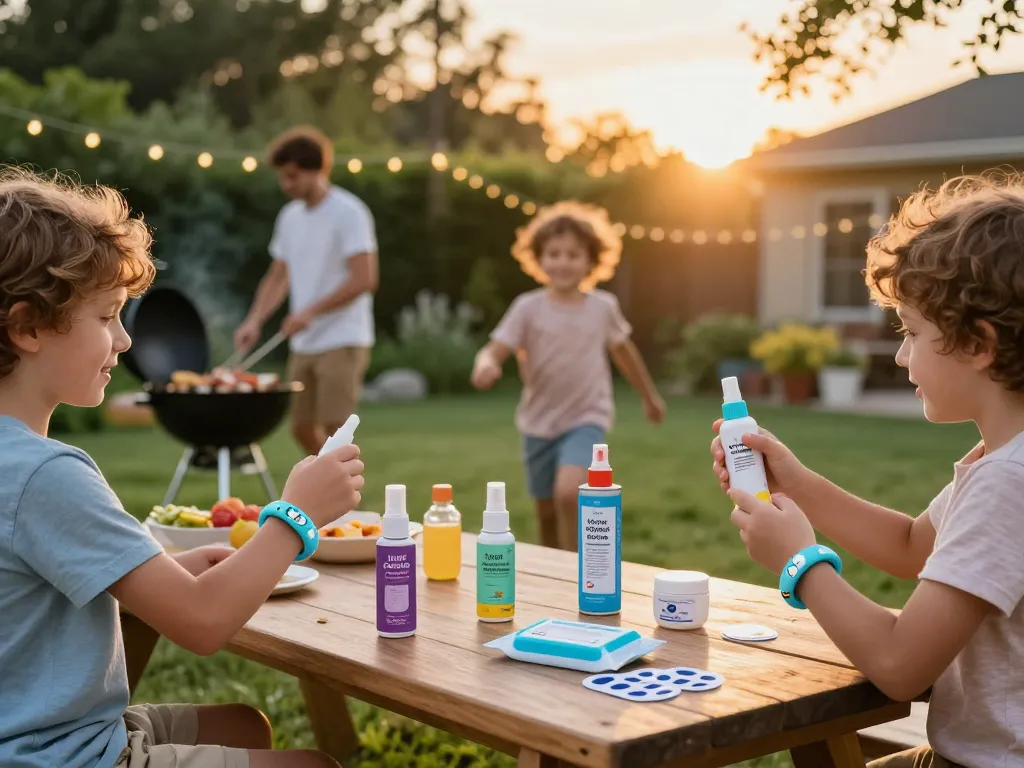 Family enjoying a summer barbecue outdoors with various Best Mosquito Repellent products for protection against bites.