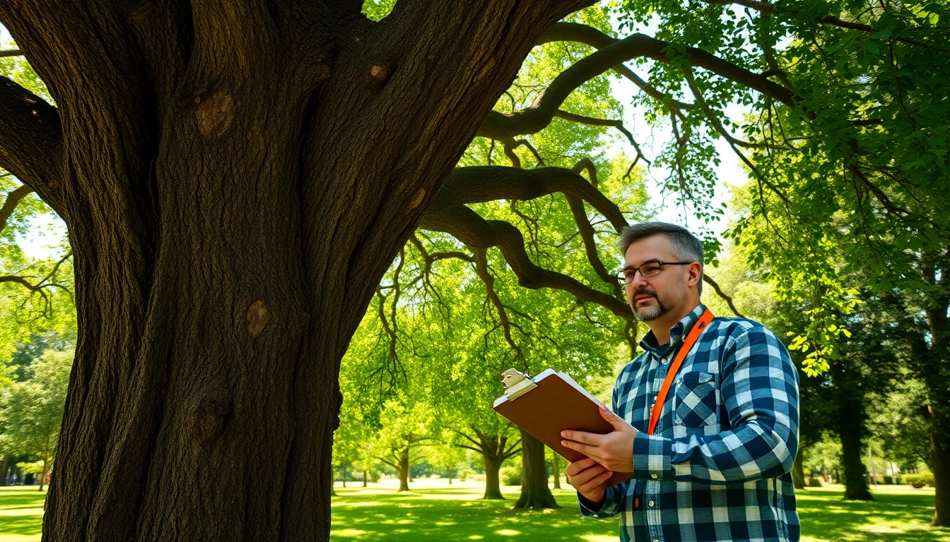 Tree Consultancy professional assessing a mature oak tree in a lush green park.
