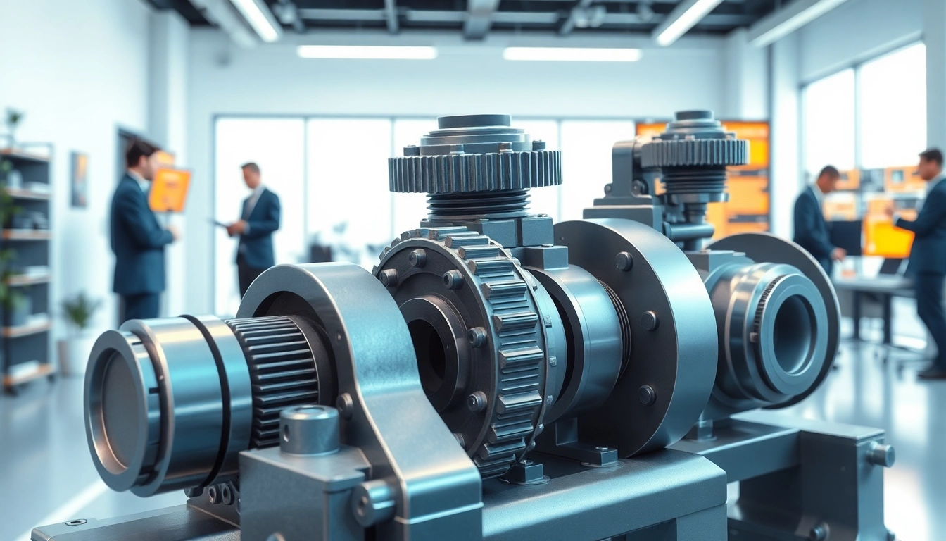 Technische Animation zeigt mechanische Teile in Aktion, umgeben von Ingenieuren.