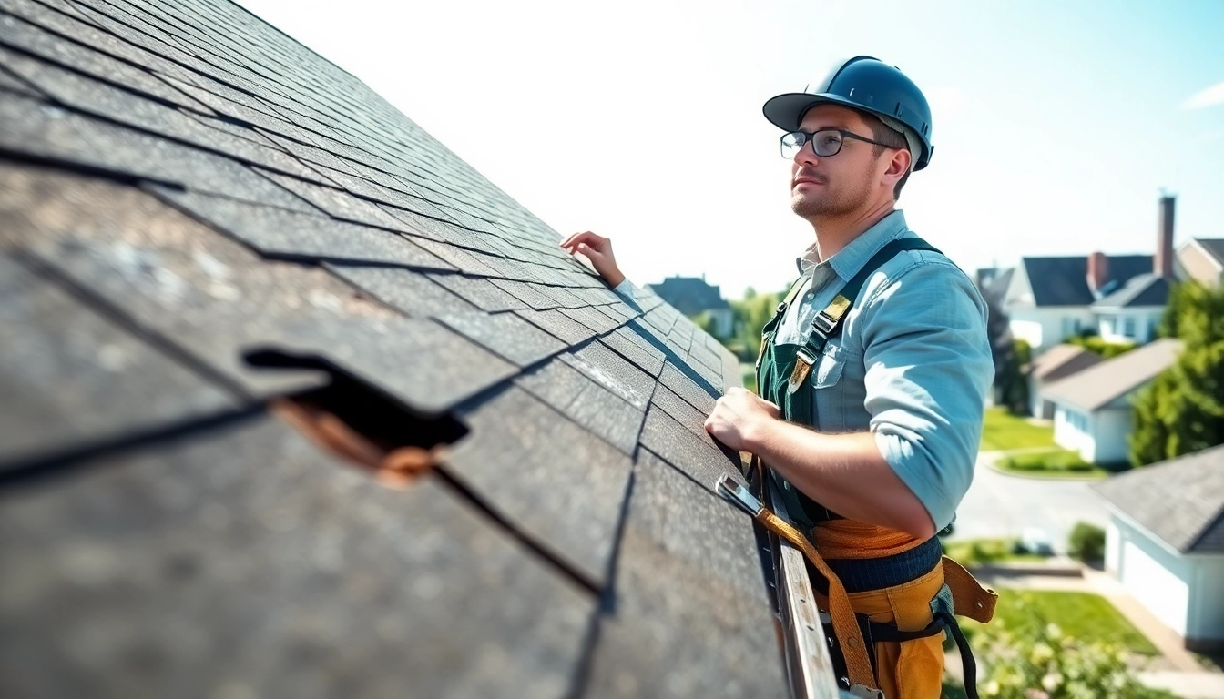 Professional examination for roof repair on a residential property highlighting essential tools and details.