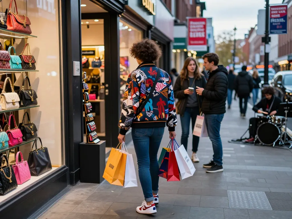Stylish shopper exploring replica boutique, showcasing colorful luxury replicas