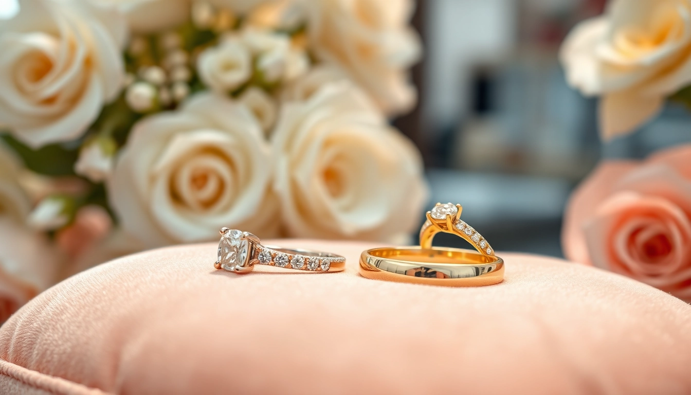 Discover elegant wedding rings showcased on a velvet cushion with floral accents.