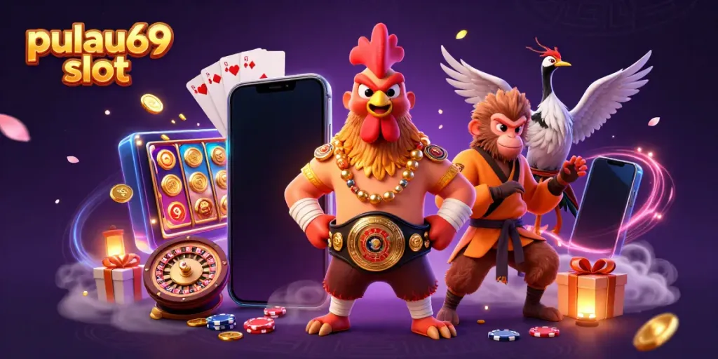 Experience thrilling pulau69 slot action with a Muay Thai rooster, Shaolin monkey, and crane master in a dynamic gaming scene.
