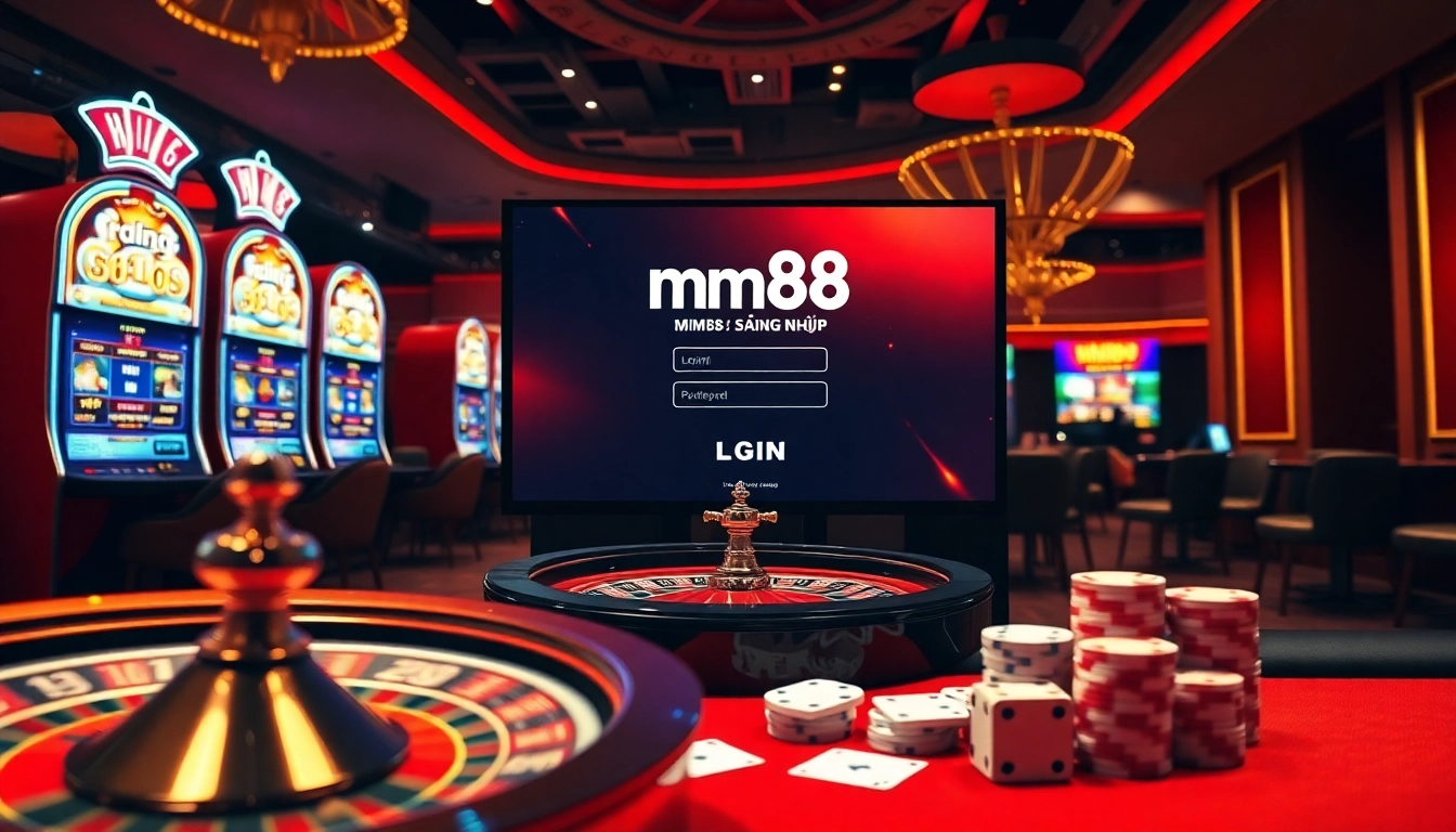 mm88 đăng nhập screen with vibrant casino elements, poker chips, and a roulette wheel.