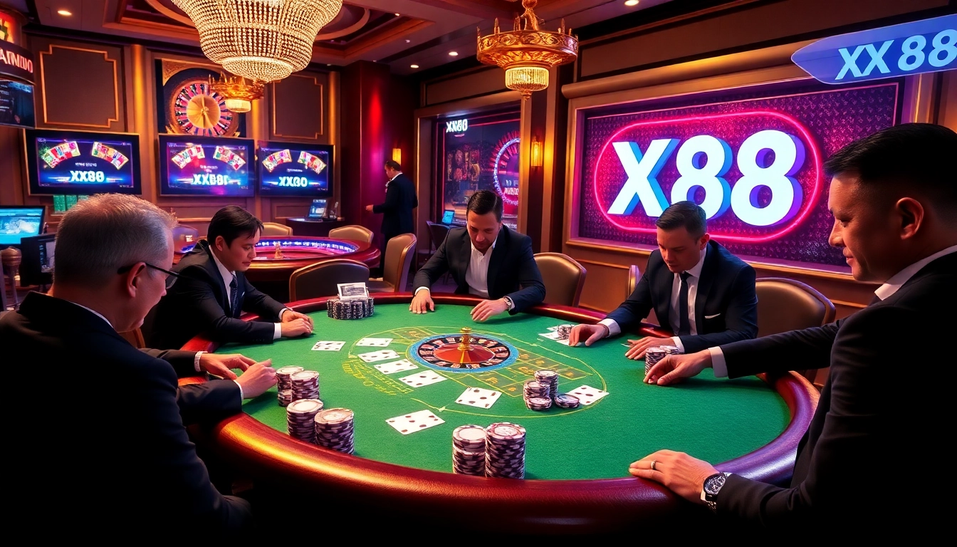 Gambling enthusiasts experiencing high-energy gaming at XX88 casino table with vibrant atmosphere.