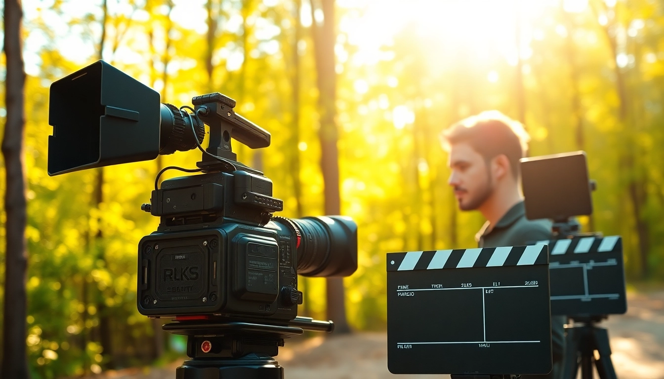 Cinematic video production with a professional videographer in a scenic outdoor setting.