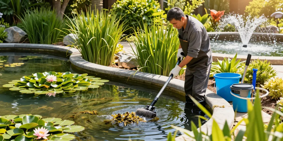 Pond Cleaning Kent expert vacuuming debris from a beautiful garden pond.