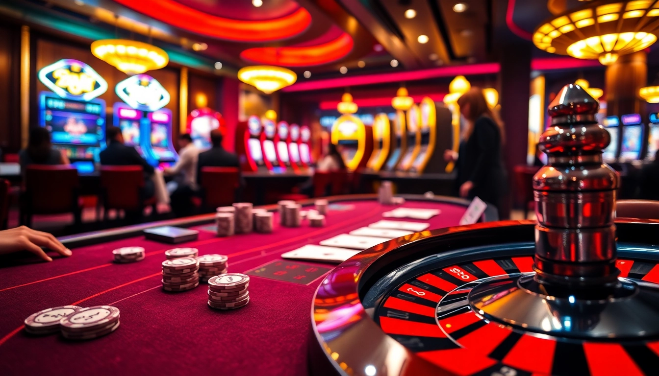 Players enjoying blackjack and roulette at a luxurious casino setting, showcasing excitement with https://f8bet.ventures/.