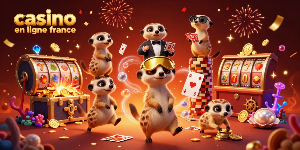 Illustration 3D de suricates gérant un casino en ligne en France avec des éléments de jeu et des confettis.