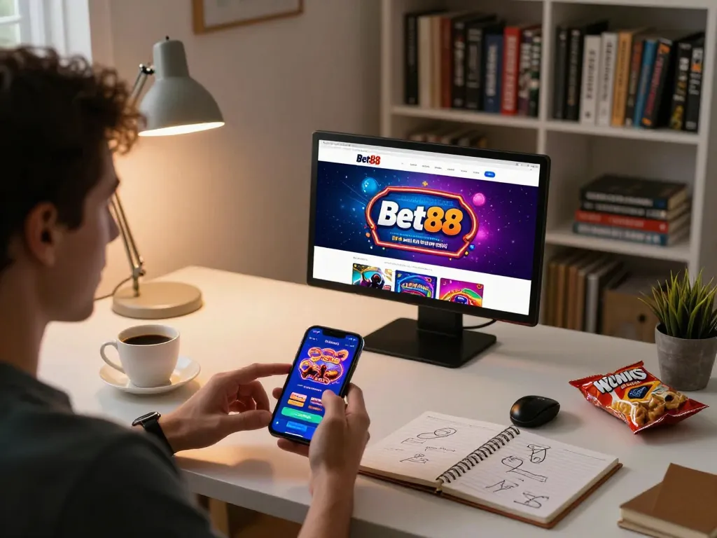 Engaging in mobile gaming with the Website Bet88 app showcasing strategic gameplay in a cozy home office.