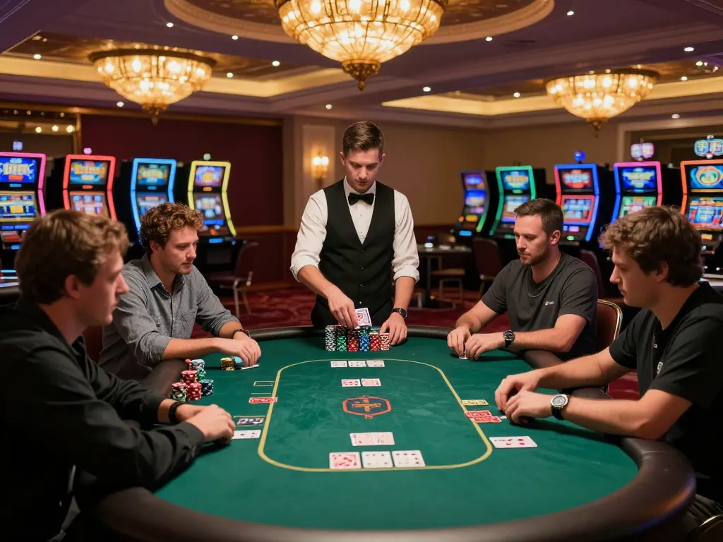 Players strategizing at a poker table in a lively casino setting, revealing tr88 and dynamic gaming action.