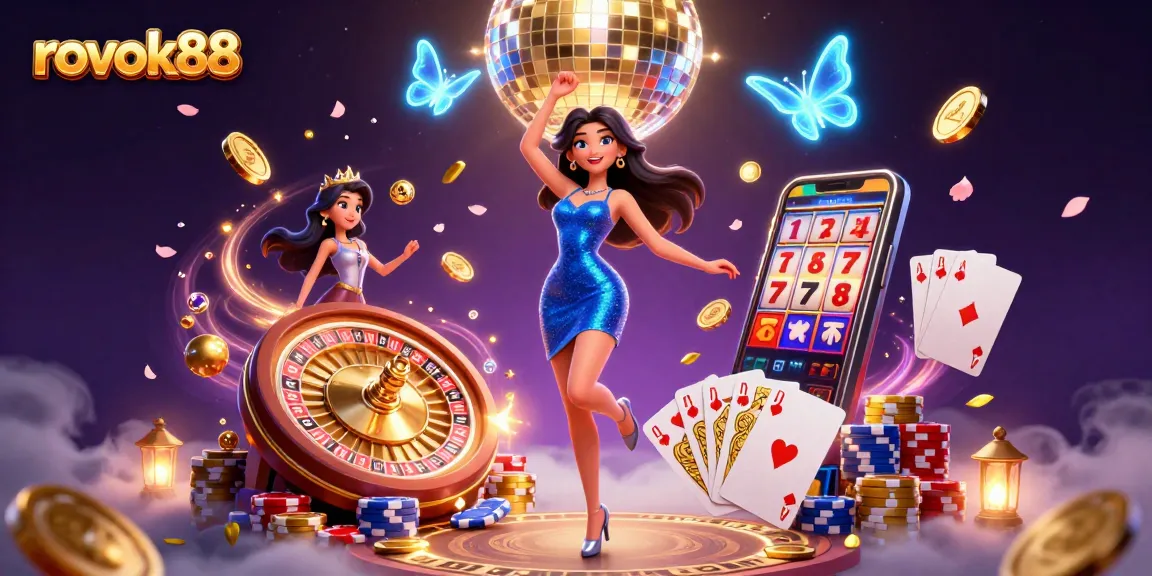 Spin and win at rokok88 with a vibrant casino scene featuring dazzling games and energetic characters.