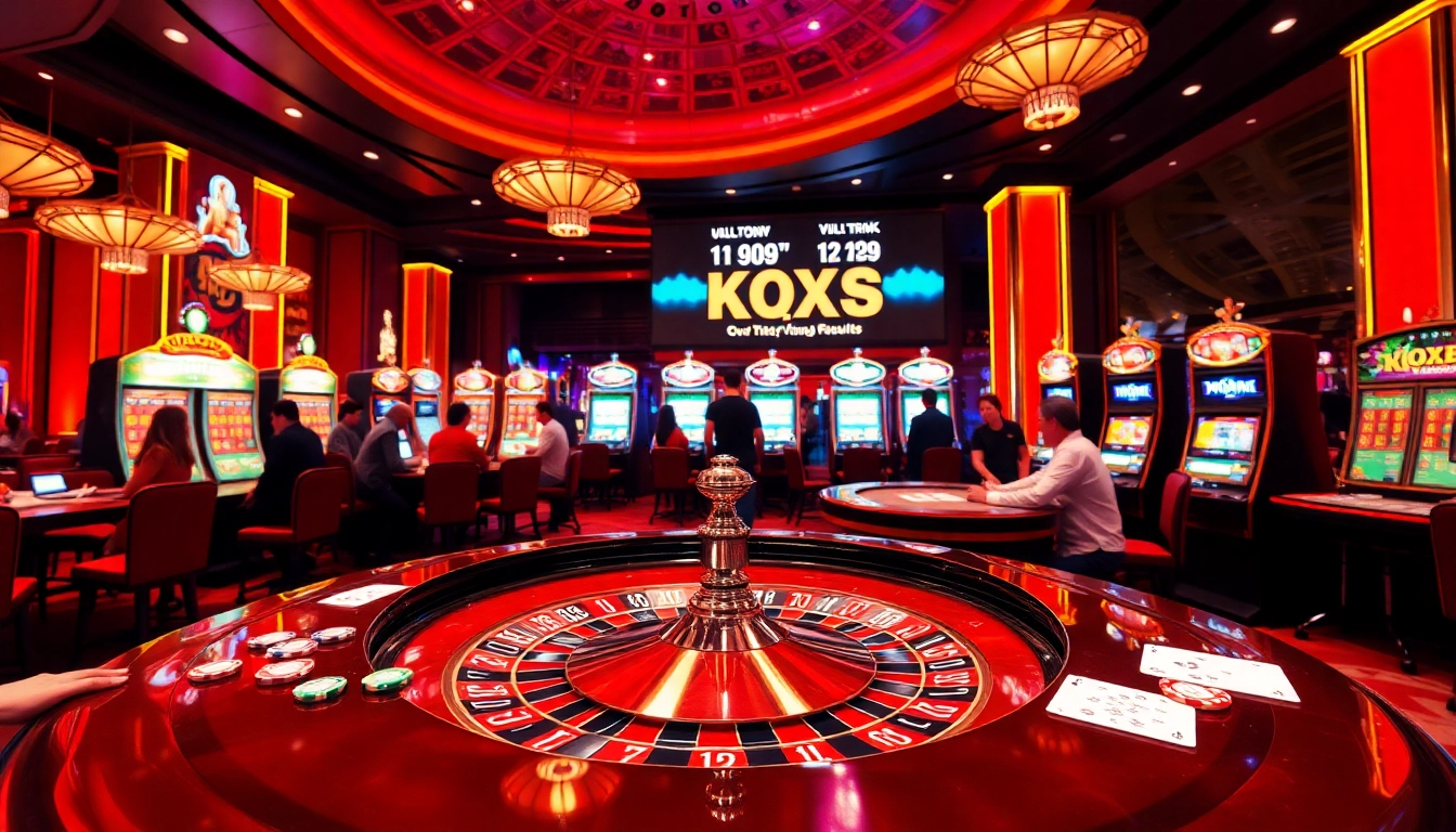KQXS lottery results displayed at a vibrant casino with roulette and poker games.