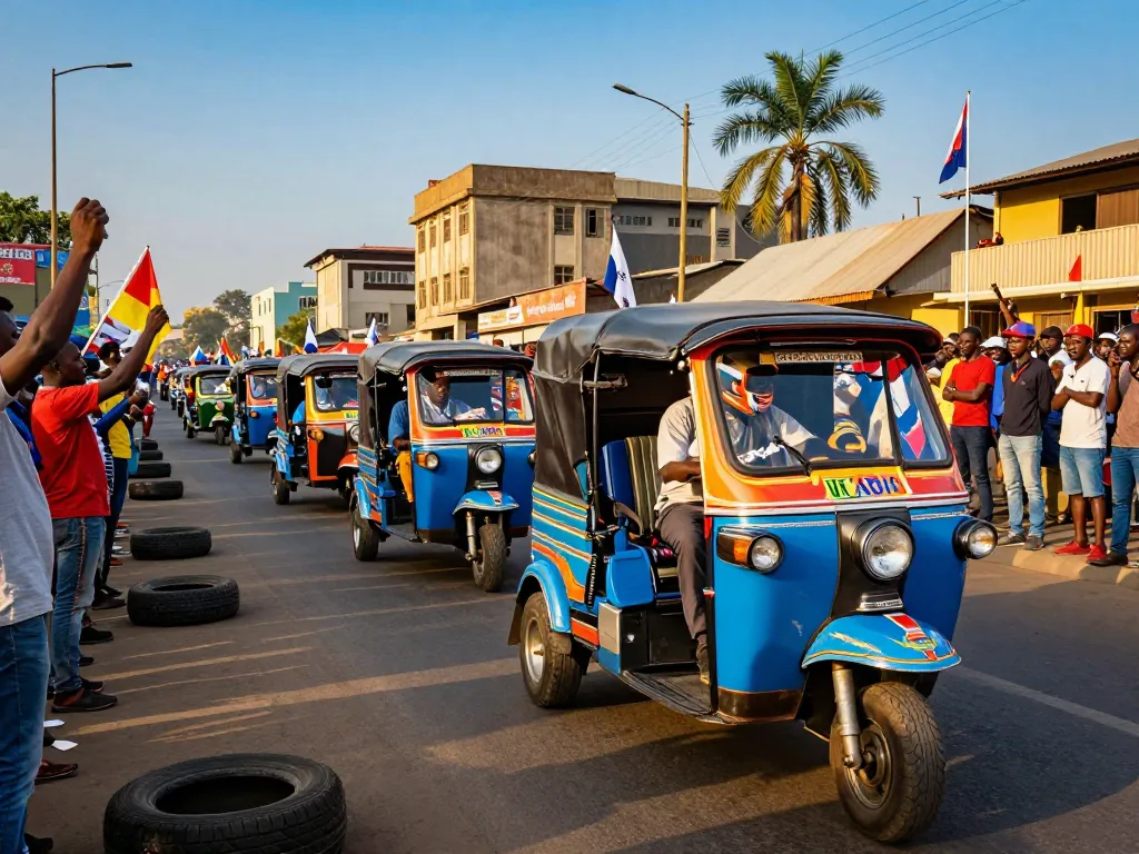 Tuk tuk racing kenya event with colorful tuk tuks and enthusiastic crowds in vibrant urban scene.