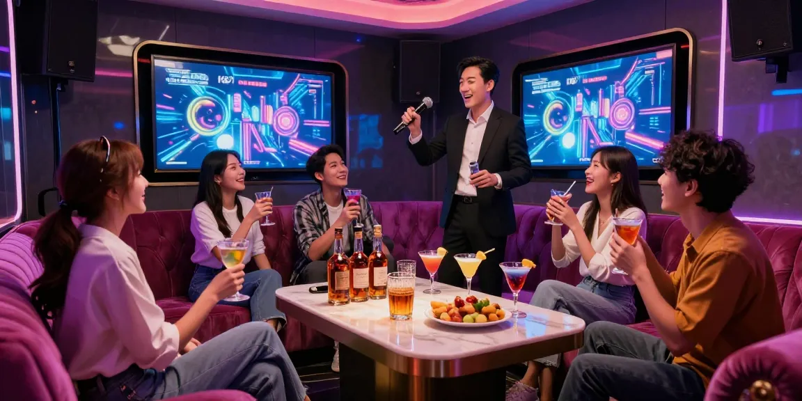 강남가라오케에서 친구들과 함께 즐거운 시간을 보내는 모습, 화려한 조명과 고급스러운 인테리어로 구성된 프라이빗 룸에서의 노래와 술자리