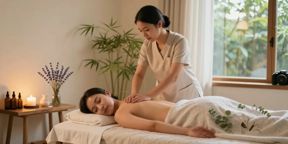Relaxing 스웨디시 massage scene in tranquil spa environment with aromatic oils and soft lighting.