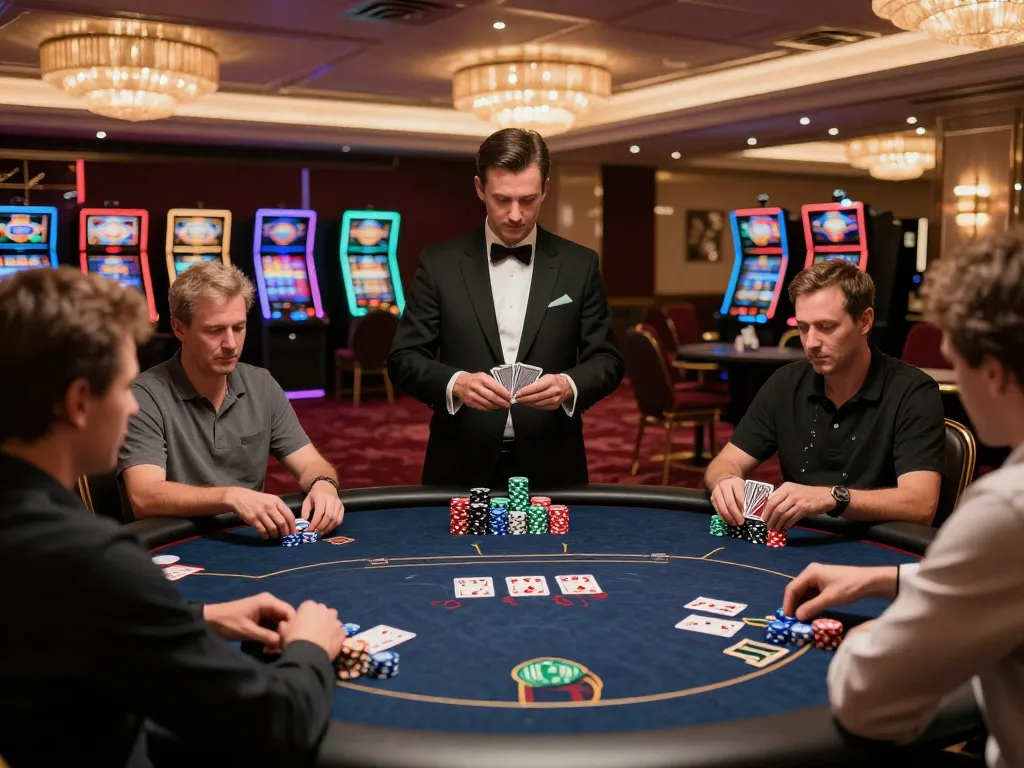 TG88 poker session in a luxurious casino with professional dealer and engaged players.