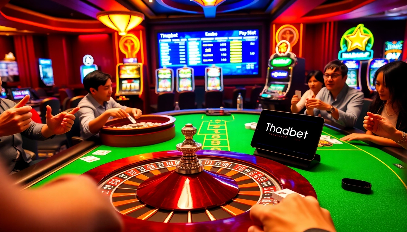 Gamblers celebrating at nhà cái thabet casino table with poker chips and roulette wheel action.