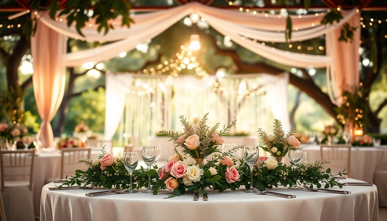 Transform the Wedding Event Space Jacksonville into a romantic setting with elegant floral arrangements and lighting.