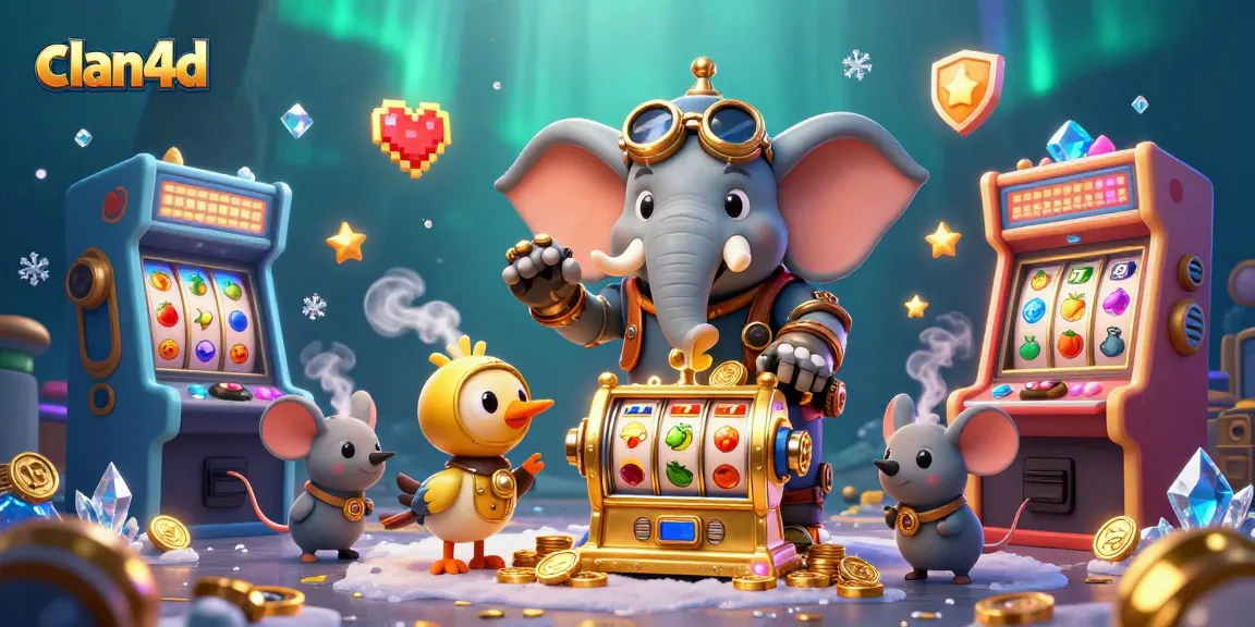 Play slots with clan4d as a steampunk elephant operates a golden machine amid colorful game elements.