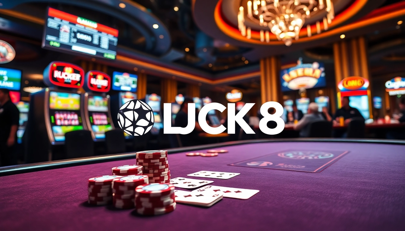LUCK8 casino scene with vibrant poker table and excited players enjoying games.